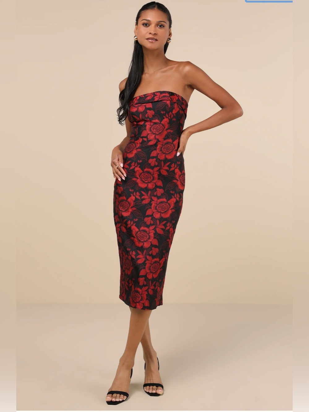 Lulus Polished Muse Black and Red Jacquard Strapless Midi Dress size L NWT